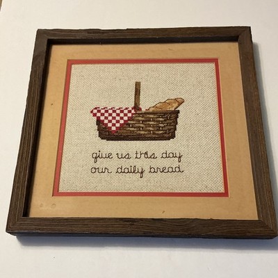Vintage Handmade Framed Cross Stitch 'Give Us This Day Our Daily Bread' 1960s