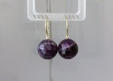 14kt Yellow Gold 18mm Natural Amethyst Round Beaded Dangle/Drop Earrings. New.