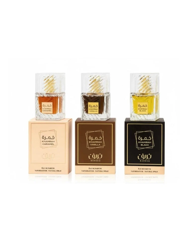 LATTAFA 3er Set Khamrah Bareeq Mini je 30ml Vanilla, Caramel, Black