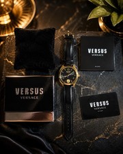 New Versus Versace VSPI221 Gold Tone Black Dial Leather Watch w/Box & Warranty