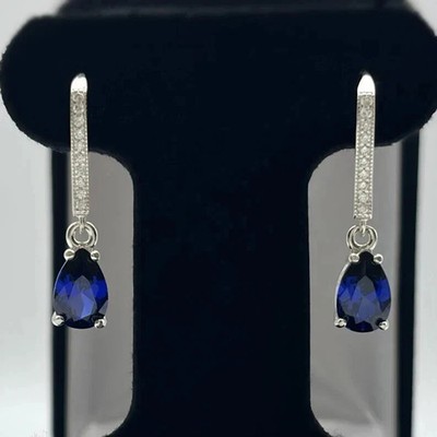 4.10 Ct Pear Cut Natural Blue Sapphire Diamond Earring Stud solid 14K White Gold