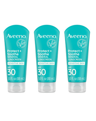 3 Pack Aveeno Protect + Soothe Mineral Sunscreen SPF 30, 3oz   EXP 09/2025