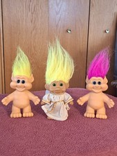 T.N.T. 1991 Vintage Pink Yellow Hair Troll Dolls Set Of 3 Standing 5" Tall