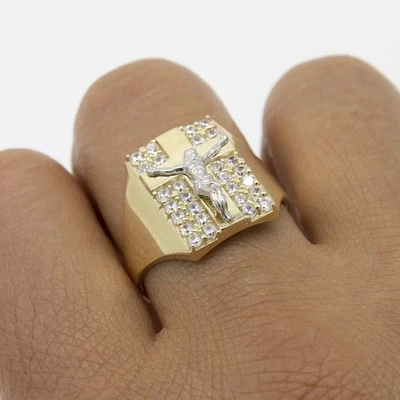 CZ Jesus Kreuzring Echt Massiv 10K Gelb Weiß Gold - Alle Größen - Bild 1 von 4