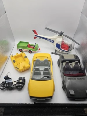 Vintage Playmobil Vehicle Lot – Taxi, Convertible, Police Helicopter, Motorcycle - Photo 1/4