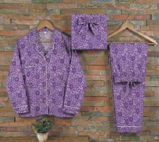 Indian Cotton Hand Block Purple Floral Print Pajama Set For Nightwear Sleepwear