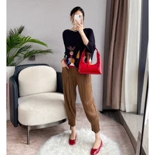 Pleats Please Issey Style Pleated Cropped Pants, Pleated Casual Slim Fit Trouser