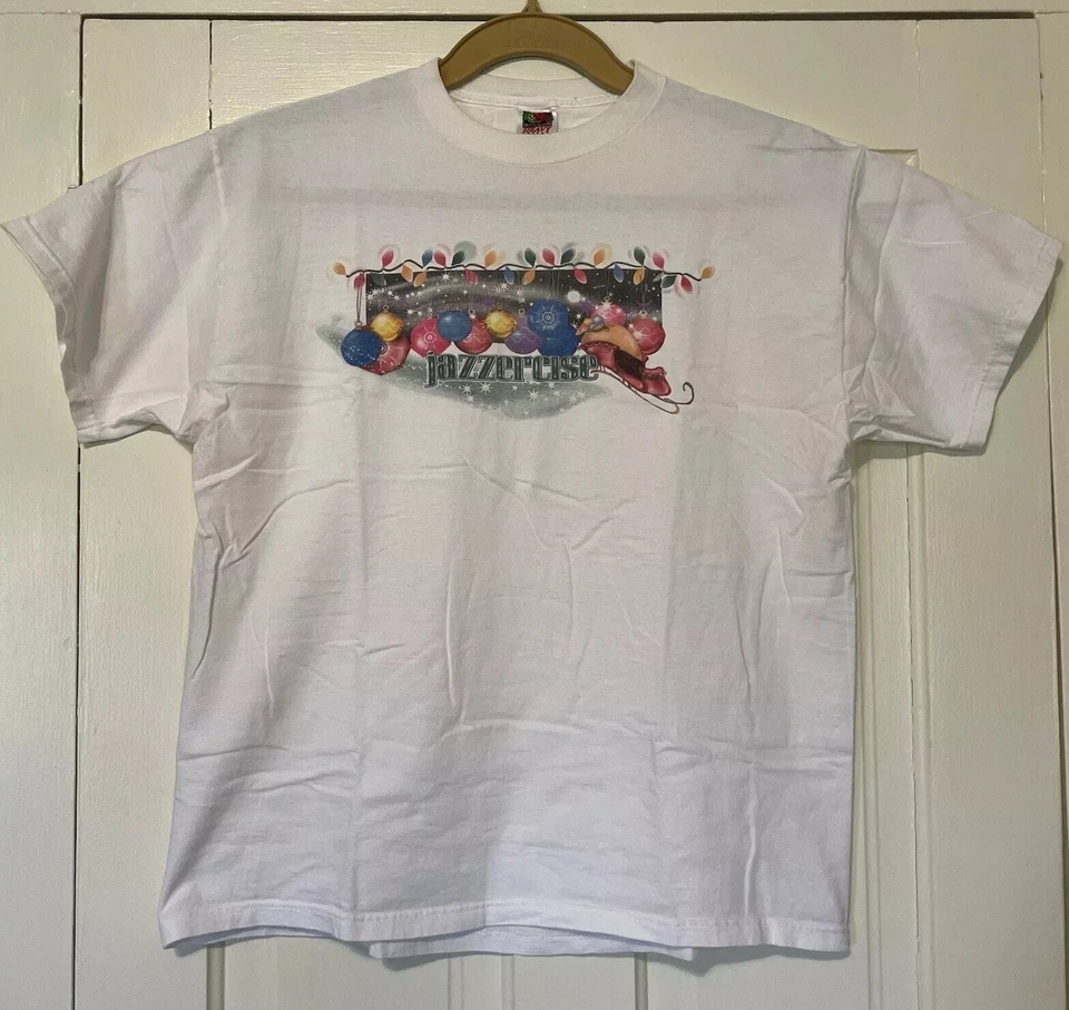 Camiseta JAZZERCISE Vintage Años 90 Adulto Talla XL Blanca con Adornos de Navidad Foto 2 de 4
