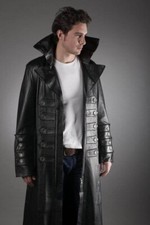 Herren Schwarz Leder Trenchcoat Pure Schafsfell Gothic Militär Matrix Lang Coat