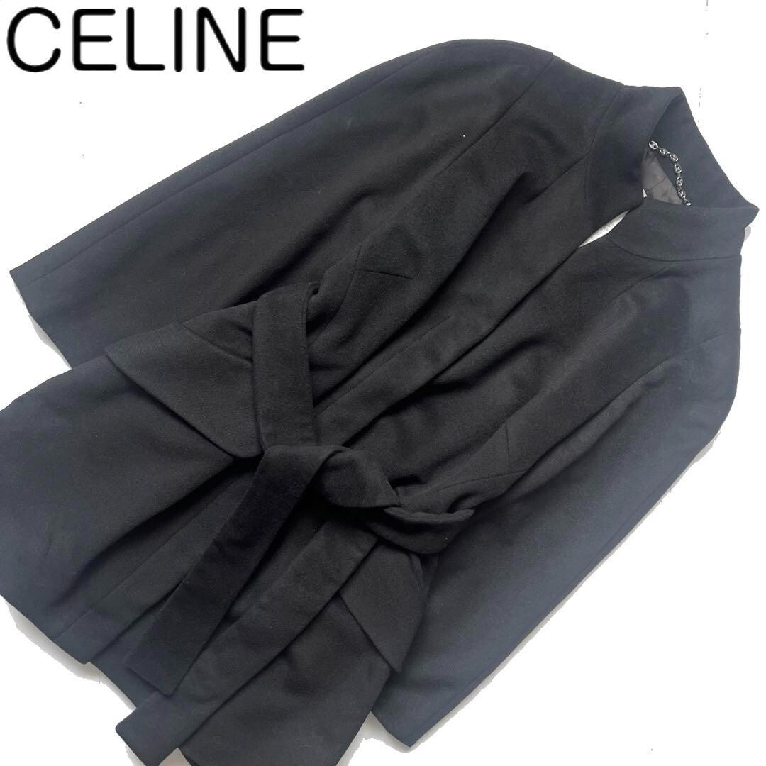 CELINE 】Cashmere belted long coat with ruffles and pleats CELINE 】Cashmere belted long coat with ruffles and pleats