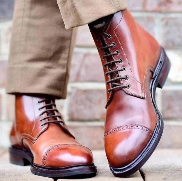 Bespoke Handmade Pure Brown Toe Cap Brogue Leather Lace up Ankle Boots for Men's
