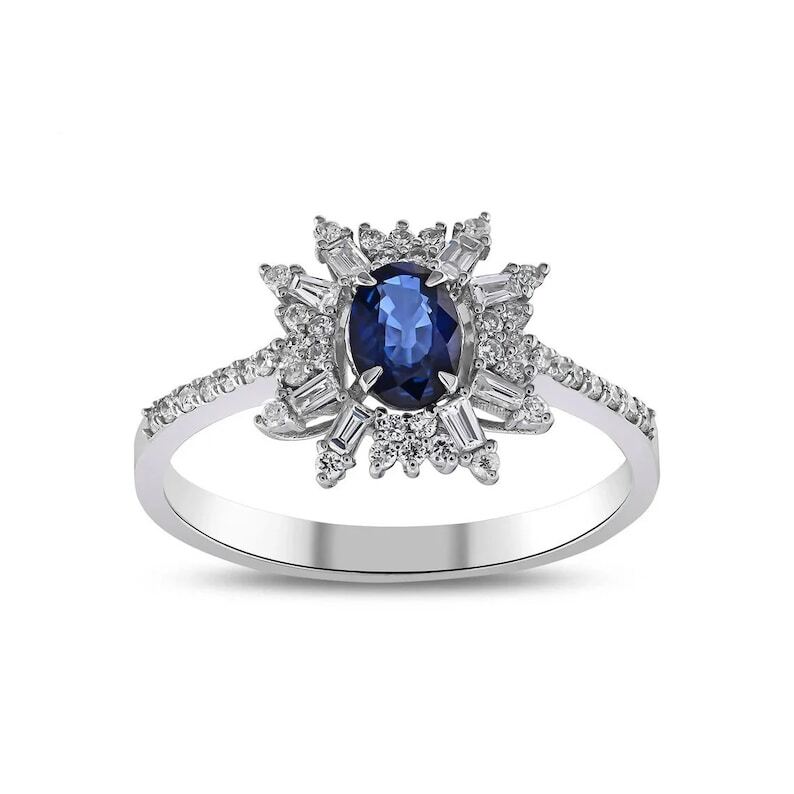 Vintage Natural Sapphire Diamond Women's Ring in 925 Sterling Silver