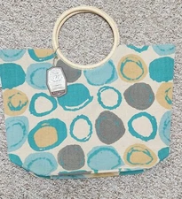 NWT Sun N' Sand Accessories Beach Bag 20x18 Teal Linen Look Circles 18x18