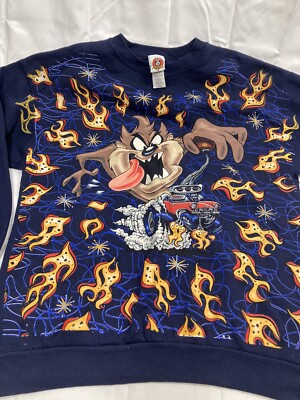 Men's Vintage Looney Tunes Taz Muscle Car Full Print Sweatshirt L