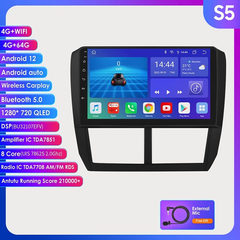 Microphone Android 12 Carplay 64GB Car Stereo AM Radio For 2008-2014 Subaru WRX-image