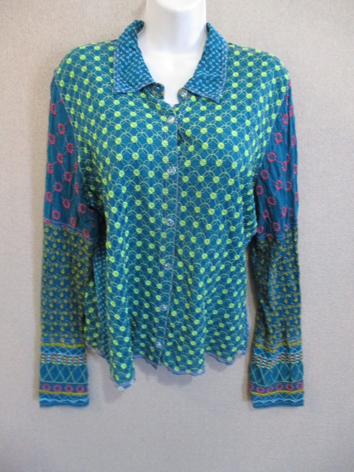 Johnny Was Embroidered Patchwork Button Up Blouse… - image 1