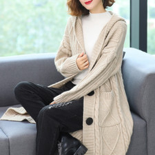 Lady Chunky Knitted Sweater Hooded Long Cardigan Coat Jacket Jumper Winter Tops