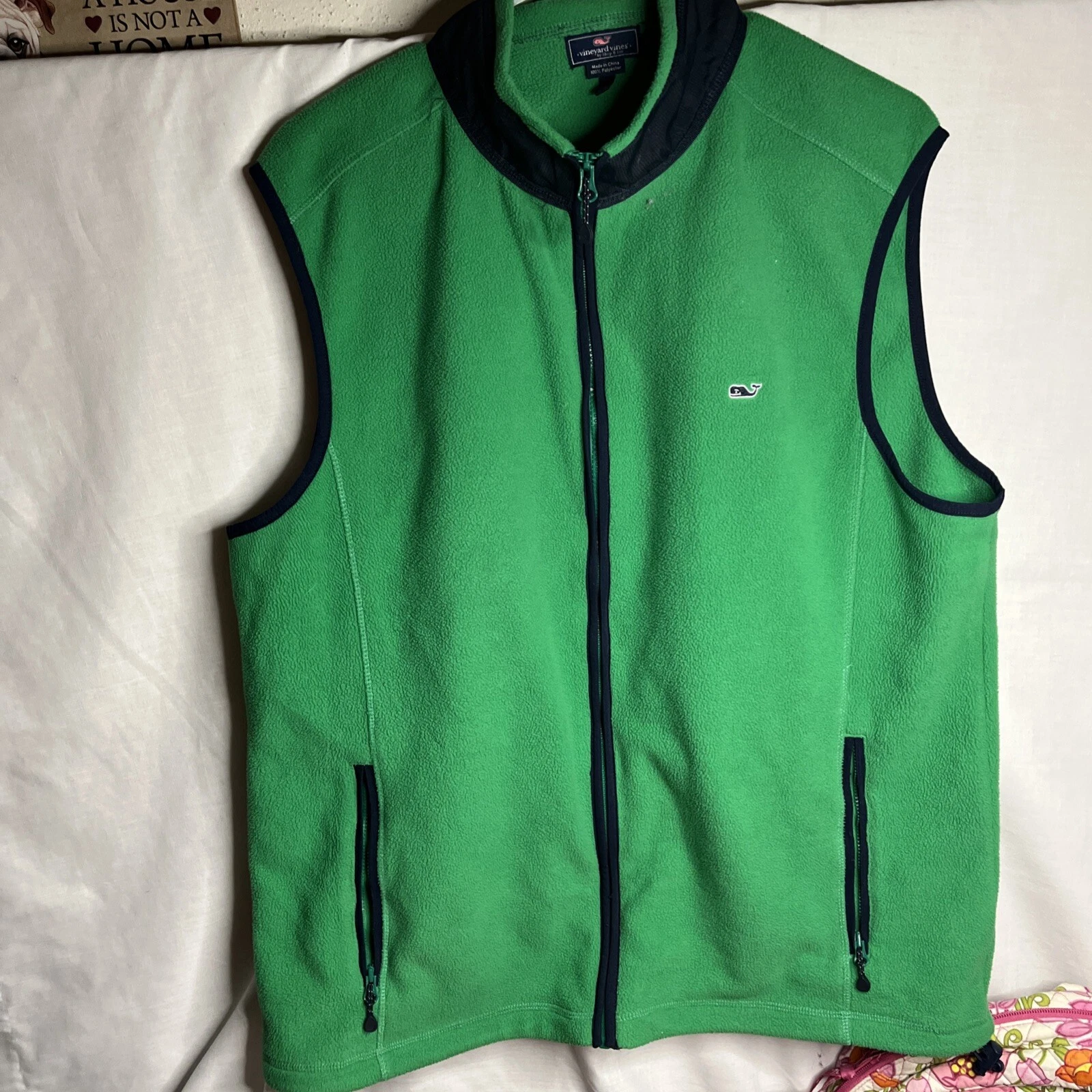 Vineyard Vines Vest Men’s L Green W/blue Trim Full Zip Fleece Preppy Whale