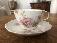 Antique Limoges LDBC France Tea Cup  Saucer Set   Pink Floral with Gold Accents