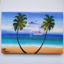 hand painted 10.5" Jamaican seascape cruise palm Art signed Painting souvenir
