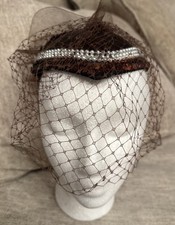 Vintage Brown Satin Fascinator Hat W/Veil And Pearls
