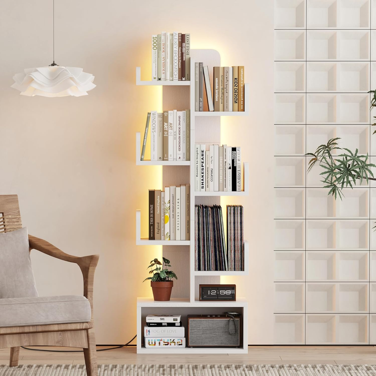 6 Tier Book Shelf with LED Lights, Floor Standing Bookshelf