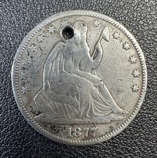 1877 Seated Liberty Half Dollar 50C 90% Silver - Fine Details Circulated - Holed