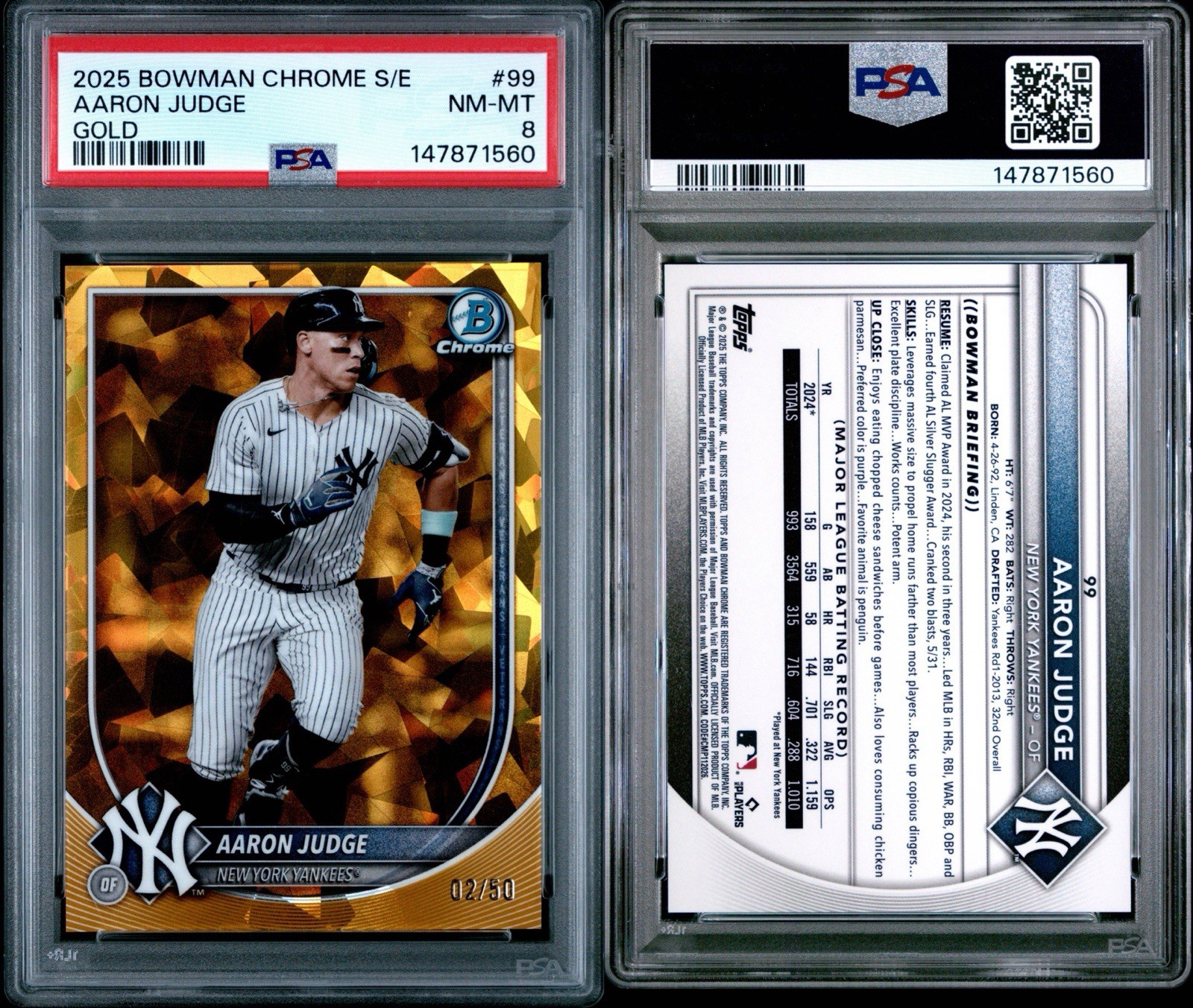 2025 Bowman Chrome Sapphire Aaron Judge Gold Refractor #/50 Yankees PSA 8