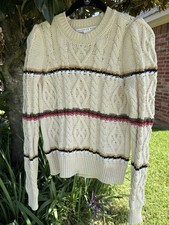 Veronica Beard XS Ivory Cable Knit Striped Cotton Blend Crewneck