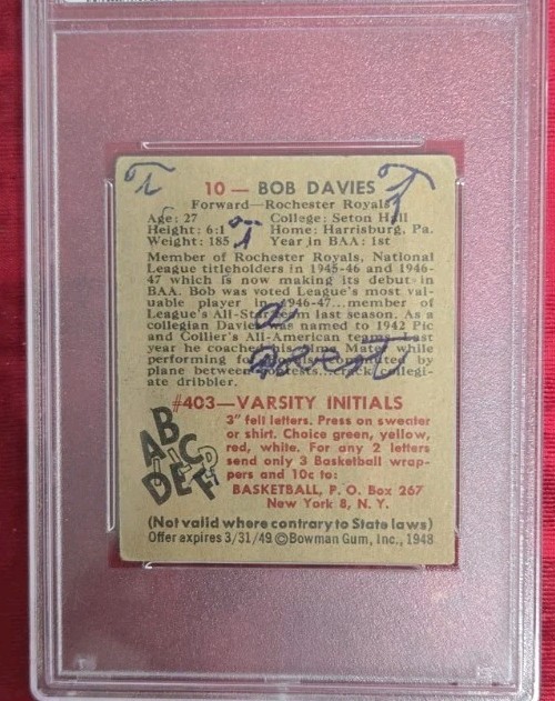 1948 Bowman Basketball #10 Bob Davies PSA Good 2 (MK) view 4