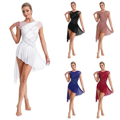 Womens Bodysuit Open Crotch Dress Competition Leotard Stage Overlay Lyrical Hem