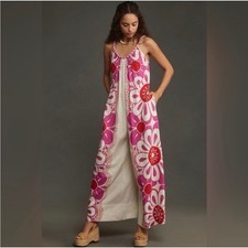 Farm Rio Maia Floral Print Jumpsuit White Pink  Spaghetti Strap Flowy Resort