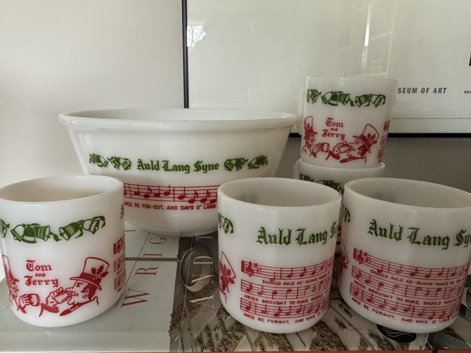 EUC Vintage Hazel Atlas Tom and Jerry Eggnog Punch Bowl Set w/ 5 Mugs Milk Glass