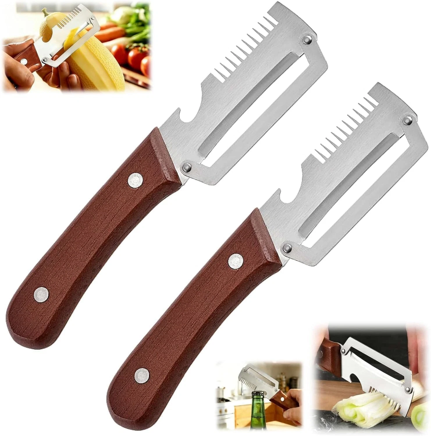 2-Pack Multifunctional Vegetable Peeler, 3 in 1 Kitchen Peeler with Wooden Handl