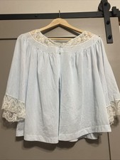 Vintage 1960s 1970s Baby Blue Bed Jacket Lace Trim Bell Sleeve Peignoir Medium