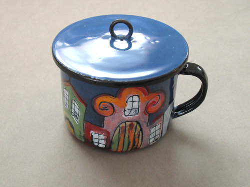 Vintage Praha Emaillegeschirr Stadtbild Tasse Becher mit Deckel Prag Tschechien - Bild 1 von 6