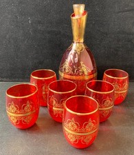 Murano Red Glass Decanter Set with Gold Detailing and Glasses - Z#1008