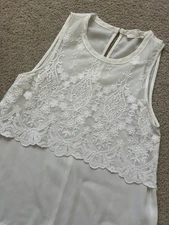 ELODIE Sleevless Ivory Floral Overlay Boho Romantic Lace Tank Top Sz S 