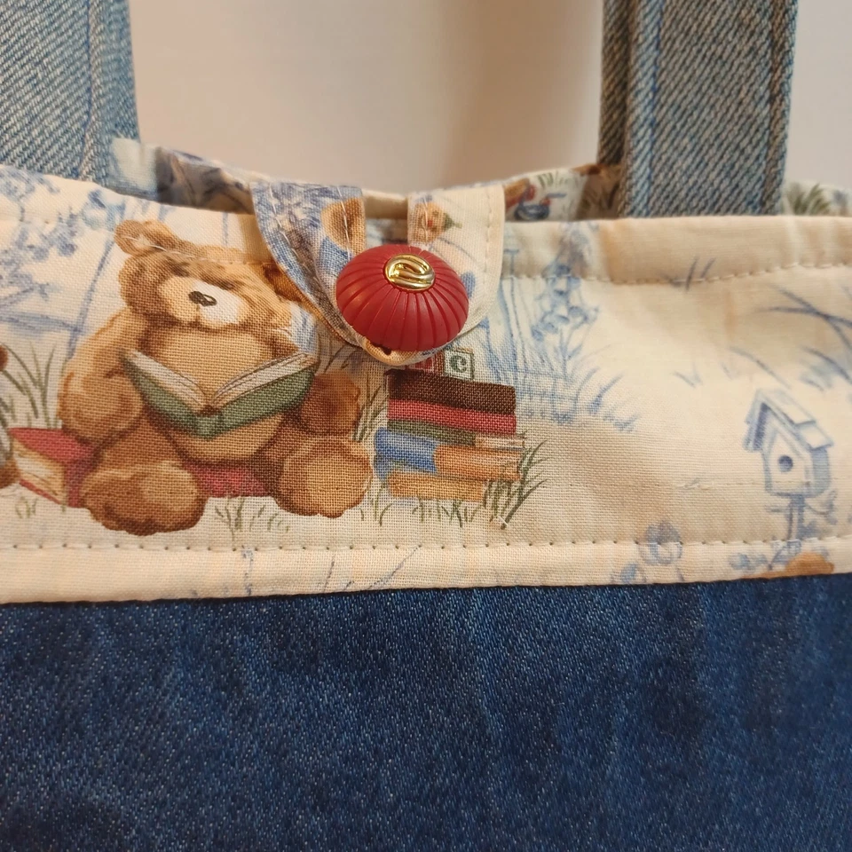 NOVA Bolsa Tote Pequena Denim Feita à Mão Ursinhos de Pelúcia Reversível - Imagem 4 de 4