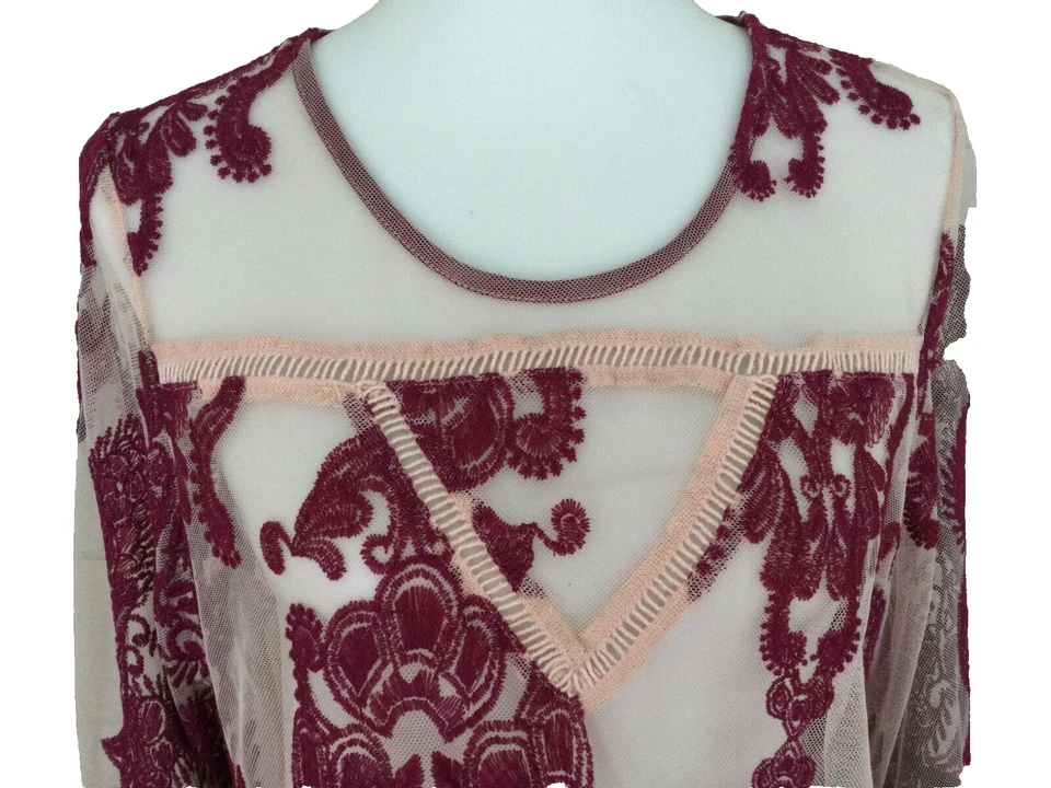 Minkpink Embroidered Sheer Mesh Top Pink Tulle Size Large Burgundy Bell Sleeves - Image 2 of 4