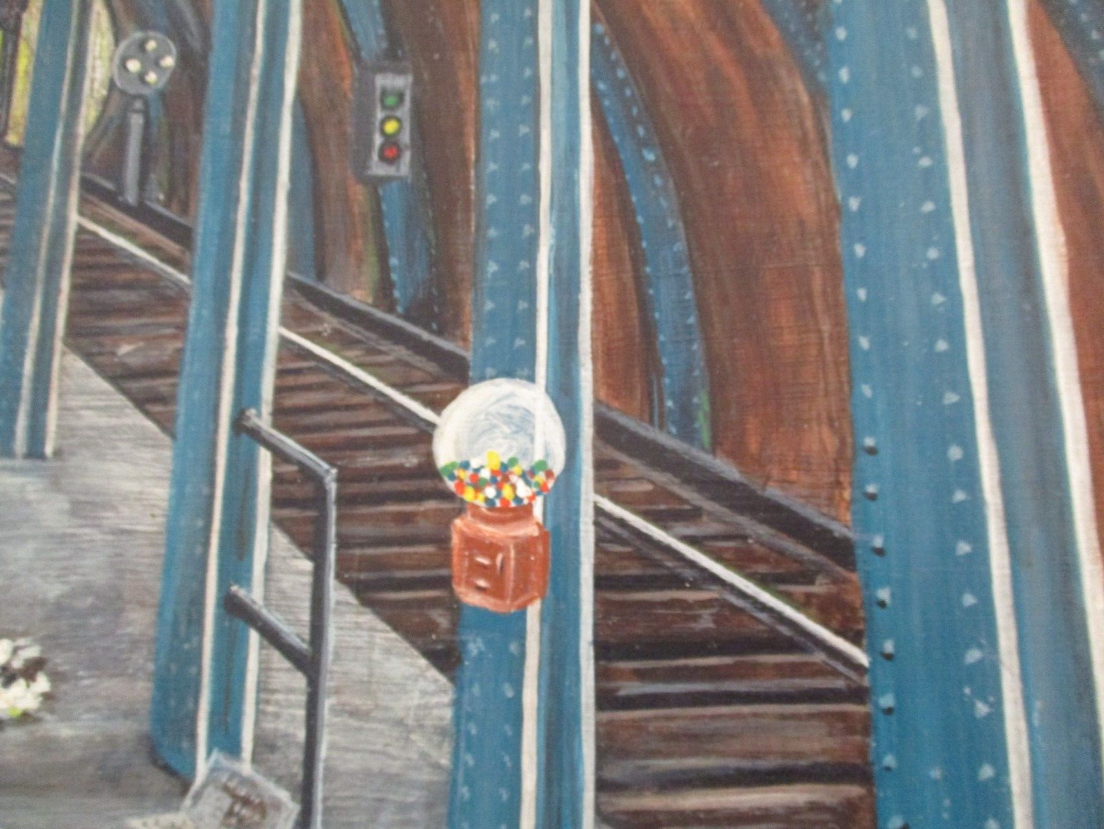 VINTAGE AMERICAN FOLK PAINTING WPA STYLE SCENE NIGHT NY BLACK AMERICANA SUBWAY