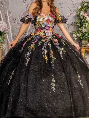 Black Lace Quinceanera Dresses Offshoulder Ball Gown Prom Party Dresses Sweet 15