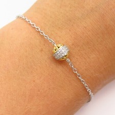925 Sterling Silver 2-Tone C Z Ball Cable Chain Bracelet 7"
