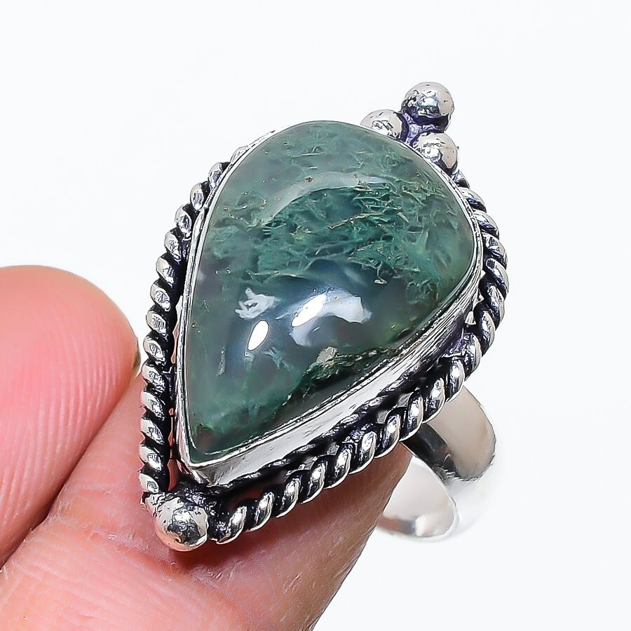 Moss Agate Adjustable Ring Handmade Gemstone Jewelry KR-110