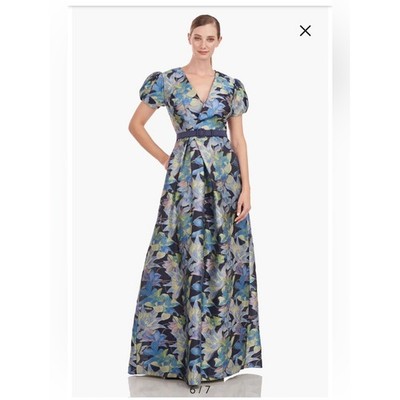Kay Unger Reynolds Floral Belted Gown Formal Jacquard Puff Sleeve Size 8 Blue