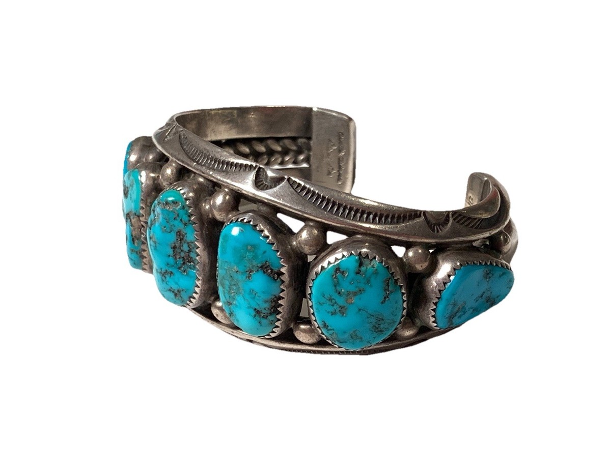 Navajo Orville Tsinnie Sterling Silver Turquoise Nugget Cuff