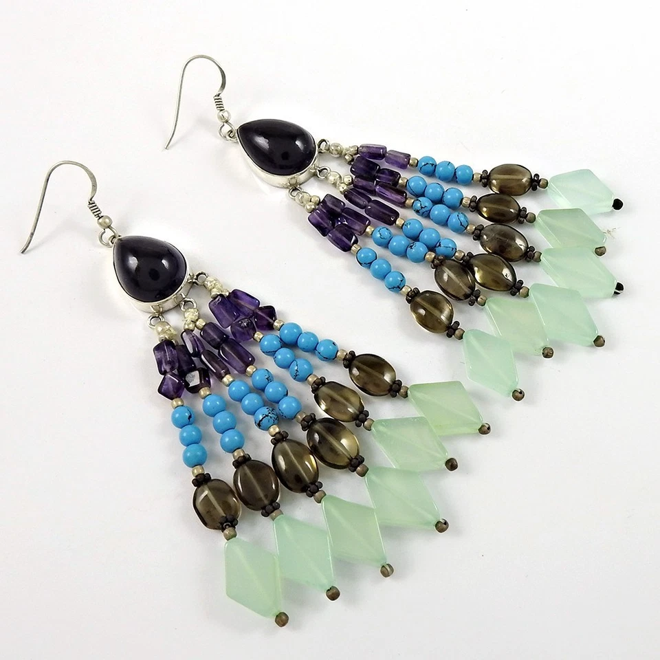 Pear Smoky Quartz Turquoise 925 Sterling Silver Drop Earrings Christmas Gift - Image 4 of 4