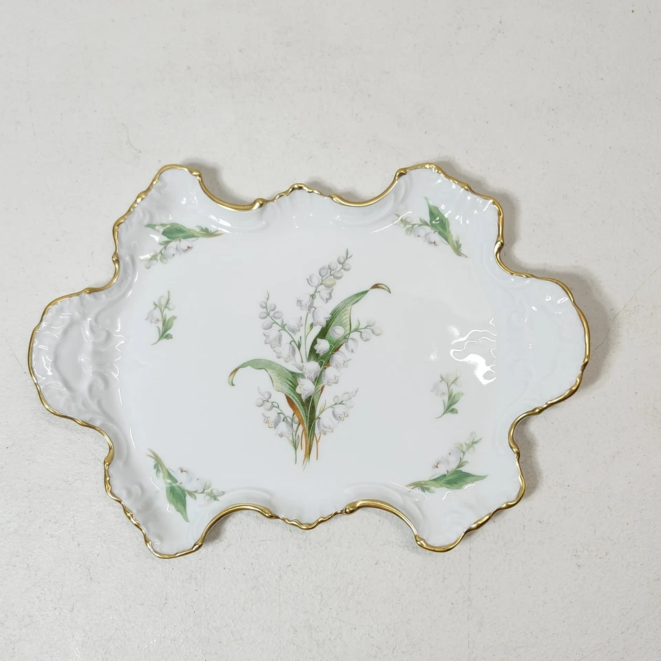 Antiguo plato de baratija Limoges Francia lirio del valle flor dorada Foto 3 de 4