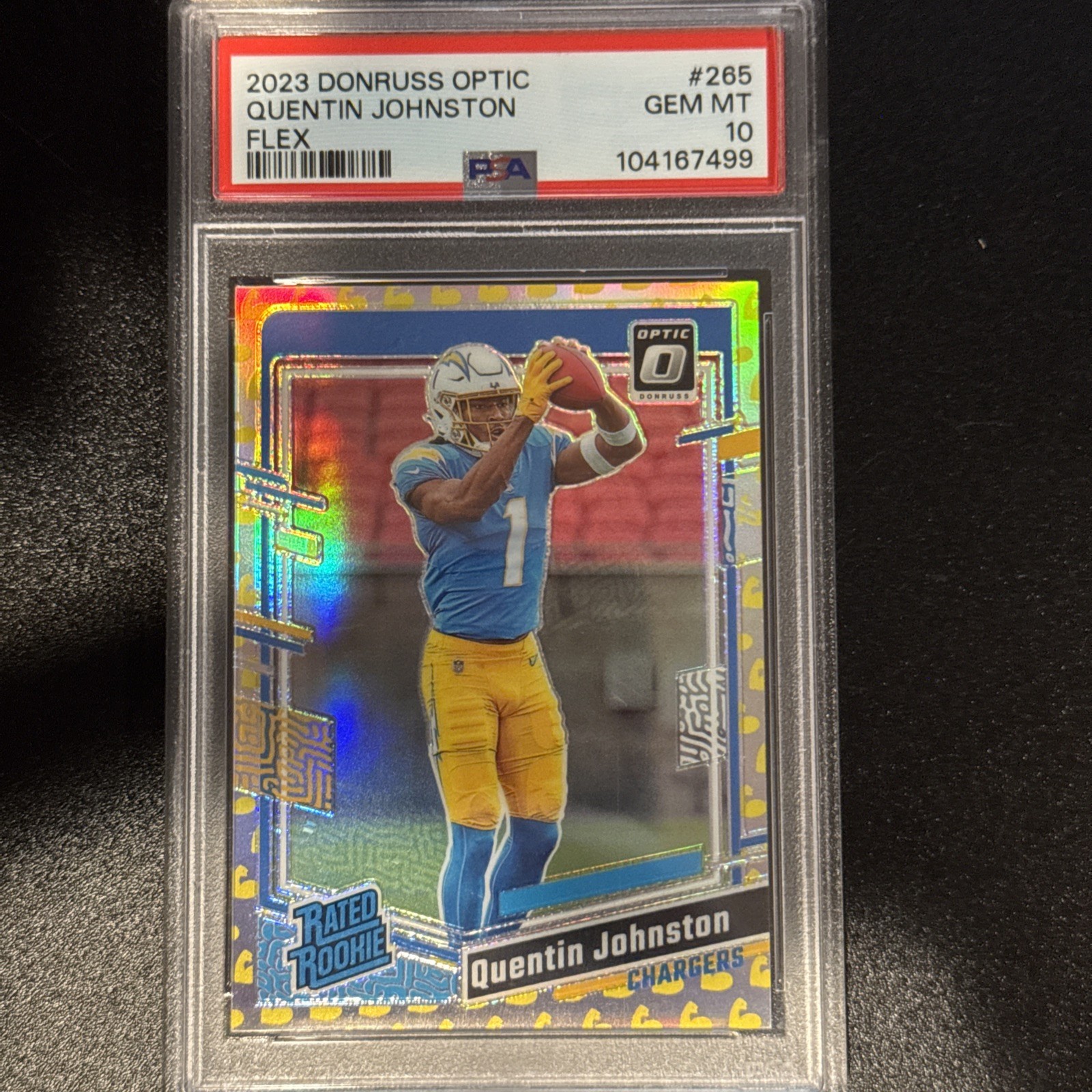 2023 Optic - Quentin Johnston #265 Flex emoji SP Prizm /149 PSA 10