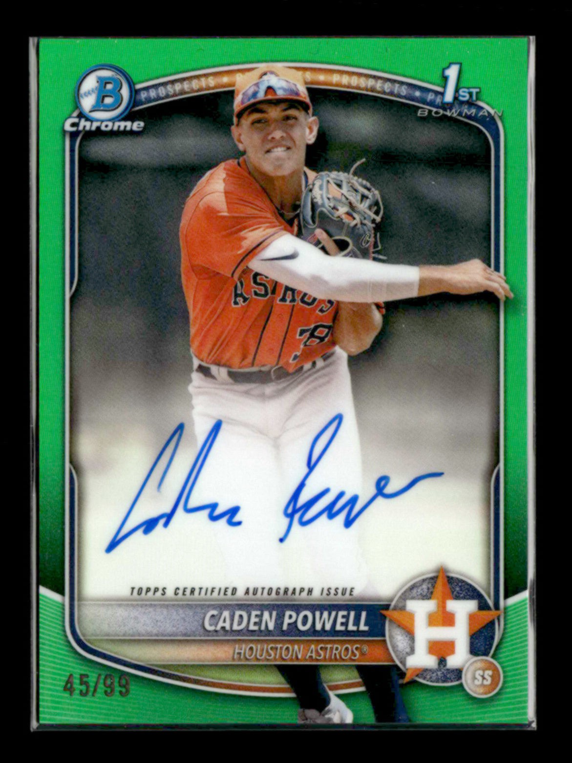 Caden Powell 2025 Topps Bowman Chrome 1st Bowman Prospects Auto Green 45/99